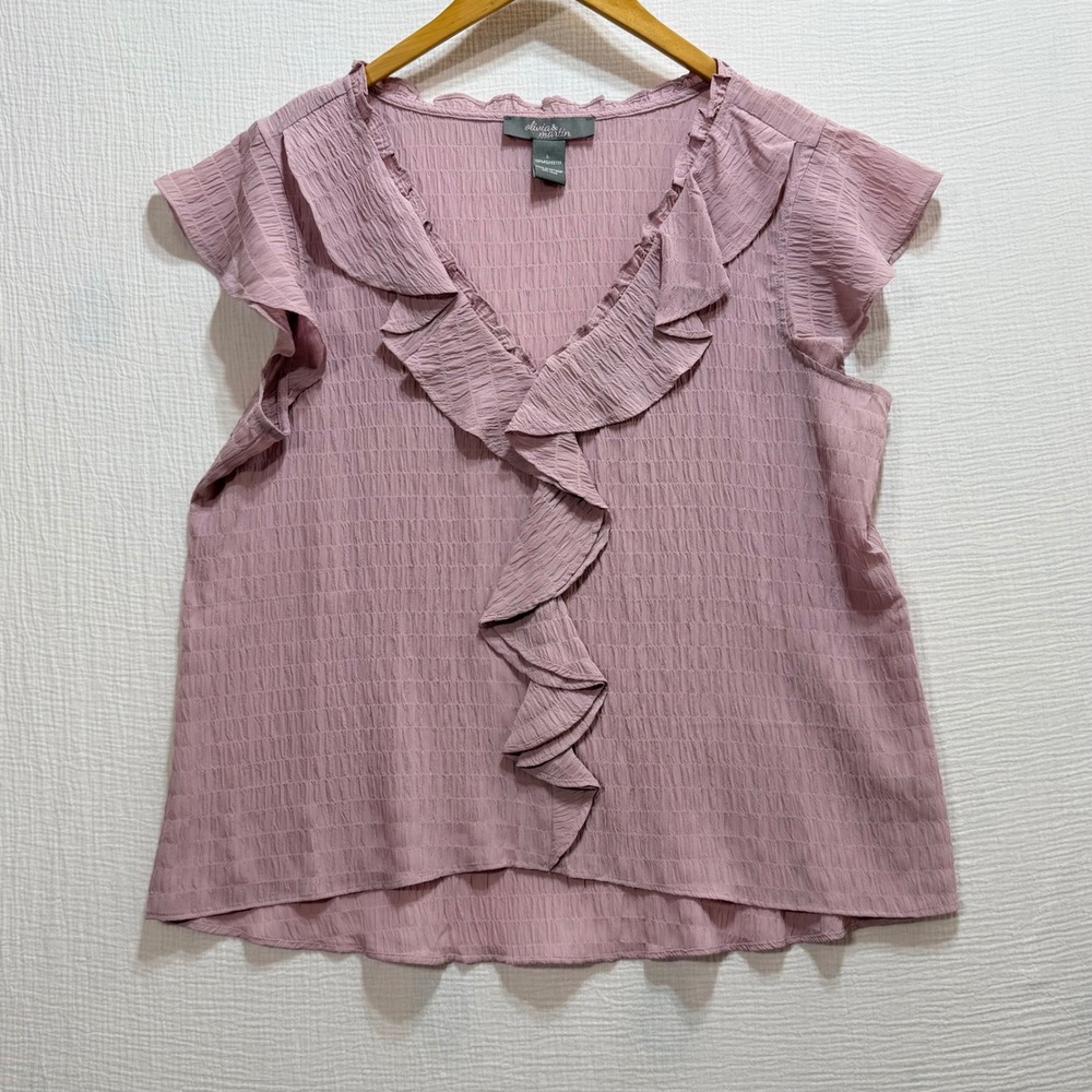 Olivia & Martin Ruffle Blouse Womens L Mauve Pink Flutter Sleeve V-Neck Feminine